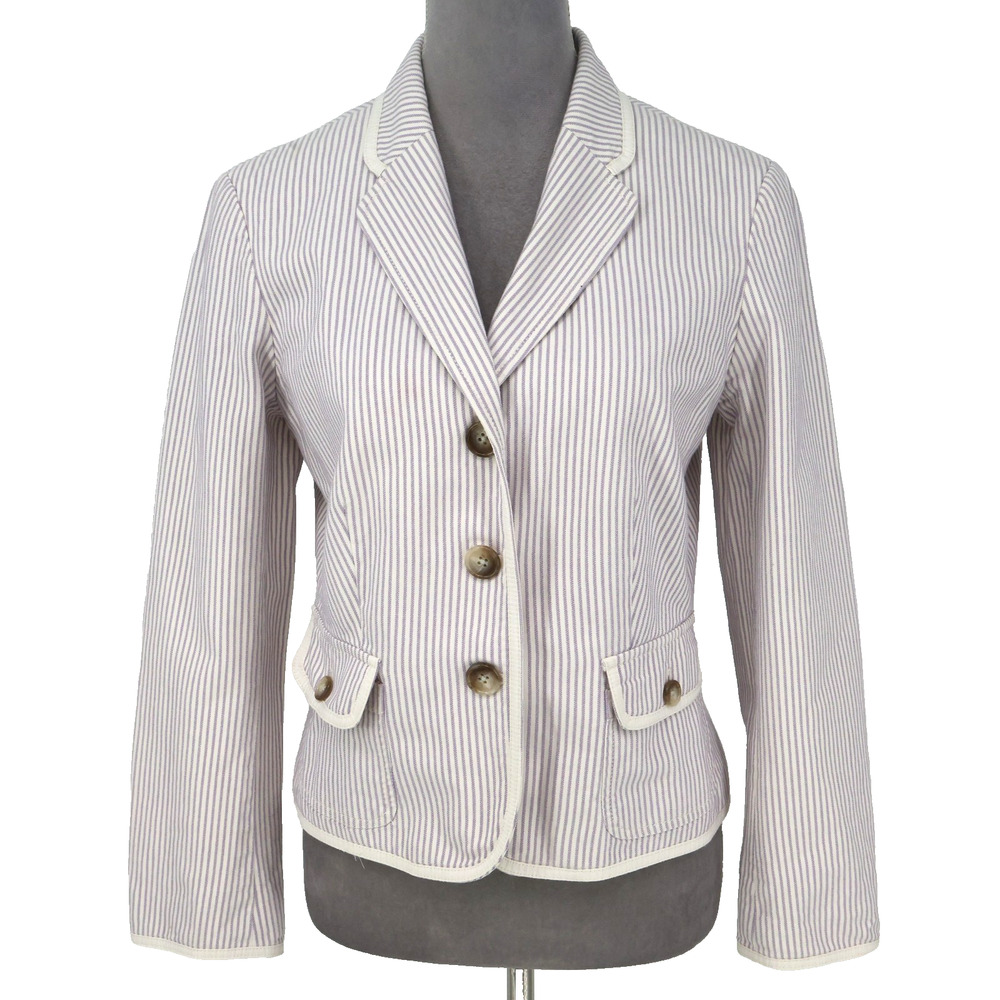 Ann Taylor Jacket Petites 8P Ivory Lavender Stripe Cotton Lined Blazer Nautical